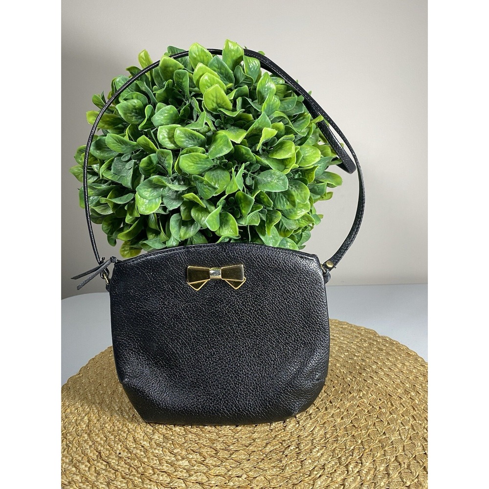 Nina Ricci Paris Bow Purse Black Pebbled Leather Gold Silver Bow Detail Shoulder